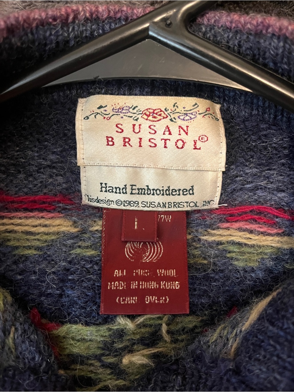 Susan Bristol Navy Wool Hand-Embroidered Cardigan with Pink and Red Accents - Picture 4 of 5